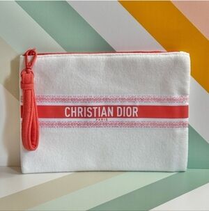 Christian Dior White Canvas Pouch with Coral Accents NIB 🔥